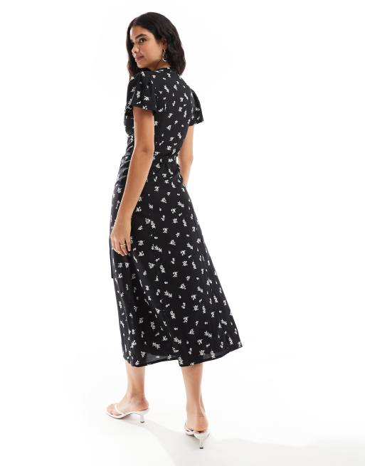 ASOS DESIGN - Tea-midikjole med knapper og bindebånd på ryggen i sort med småblomstret print, 4 af 4