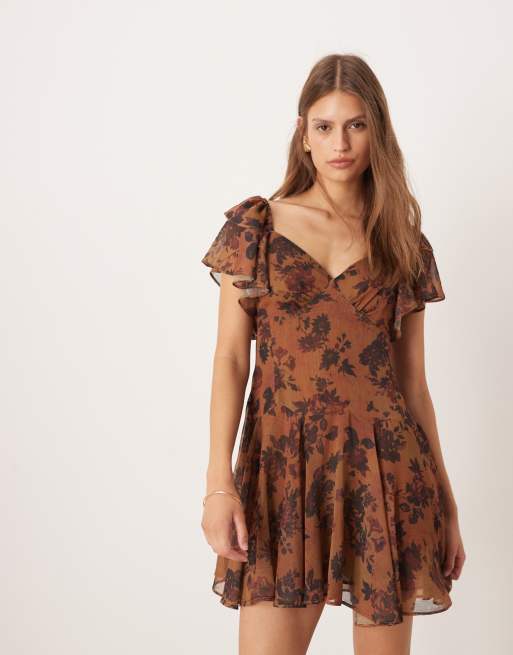 ASOS DESIGN tea mini chiffon dress with ruffle hem in burgundy