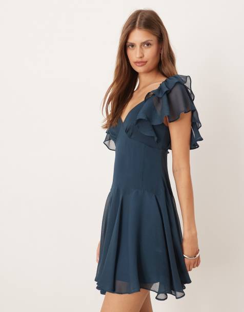 ASOS DESIGN tea mini chiffon dress with ruffle hem in dark green - view 1