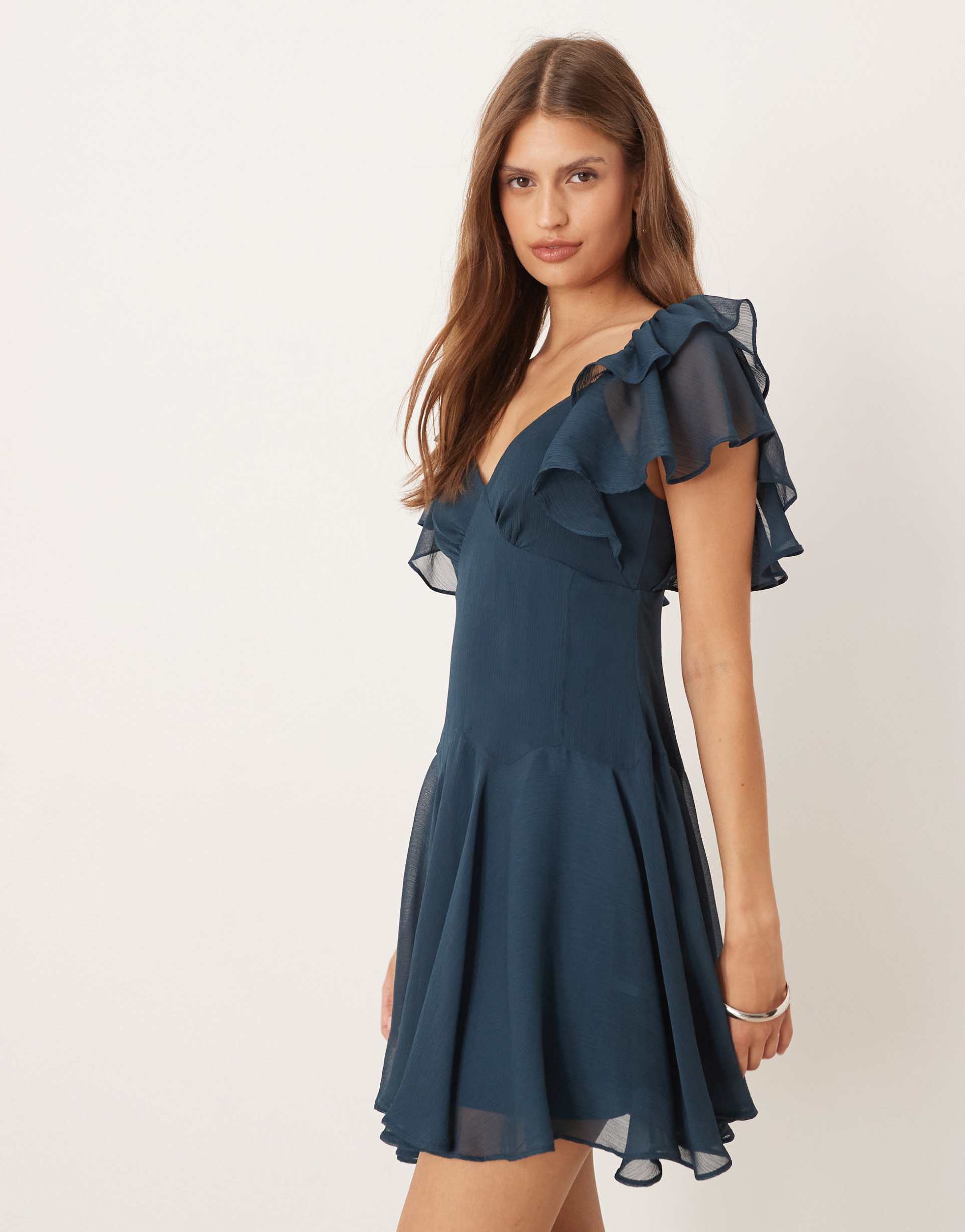 asos design tea mini chiffon dress with ruffle hem in dark green