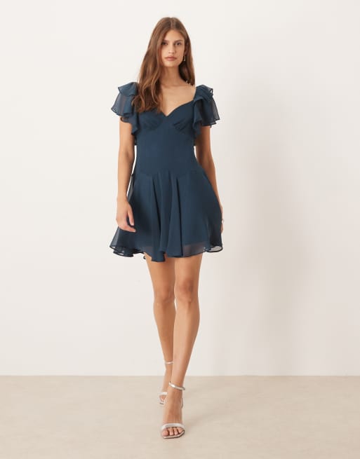 ASOS DESIGN tea mini chiffon dress with ruffle hem in dark green