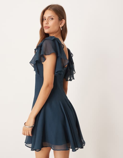 ASOS DESIGN tea mini chiffon dress with ruffle hem in dark green