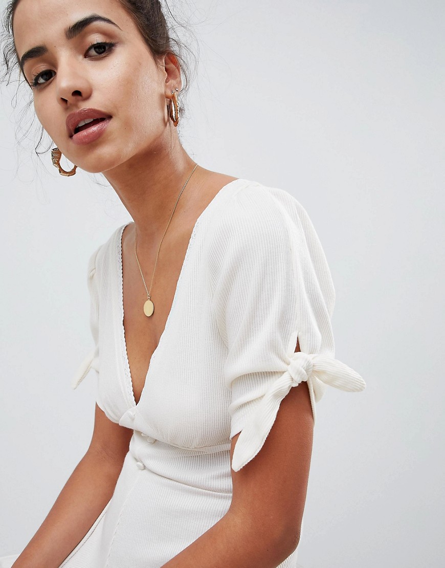 ASOS DESIGN tea playsuit with lace trims in slouchy rib-Cream