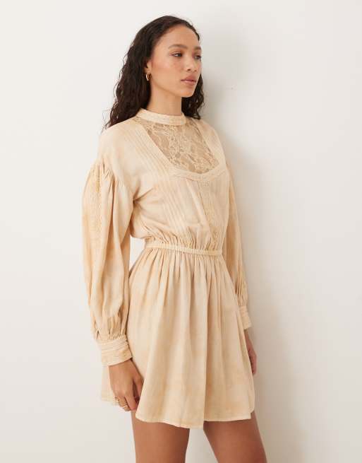 ASOS DESIGN tea stained high neck mini dress with panels and lace trim, 2 of 4