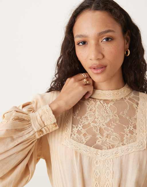 ASOS DESIGN tea stained high neck mini dress with panels and lace trim, 3 of 4