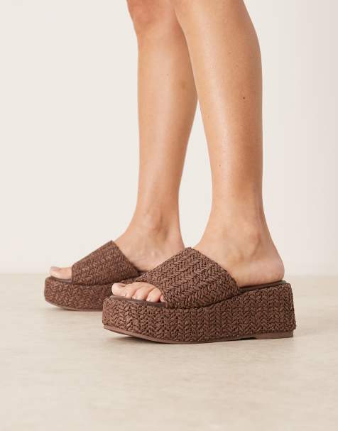 ASOS DESIGN – Teagan – Chokladbruna flatform-sandaler i raffia med kilklackar - view 1