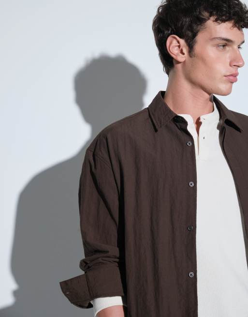 ASOS DESIGN tech boxy oversized shirt in dark brown, 3 of 5
