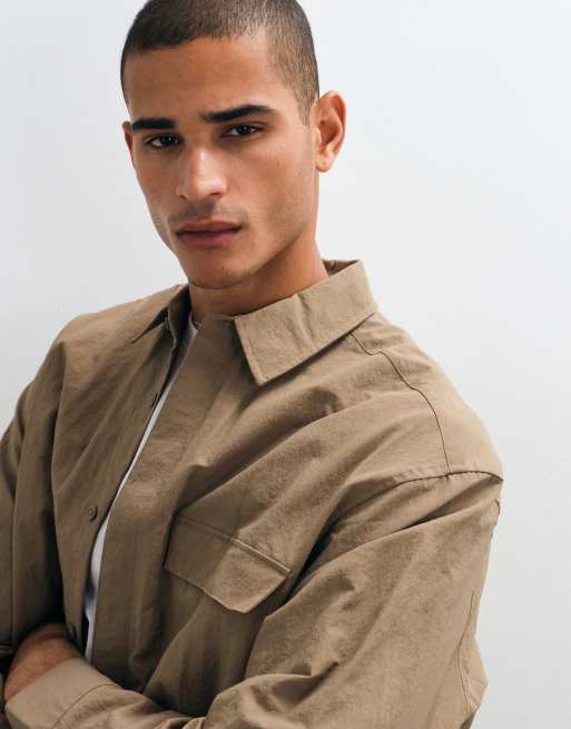 ASOS DESIGN tech boxy oversized shirt in light brown, 3 of 5