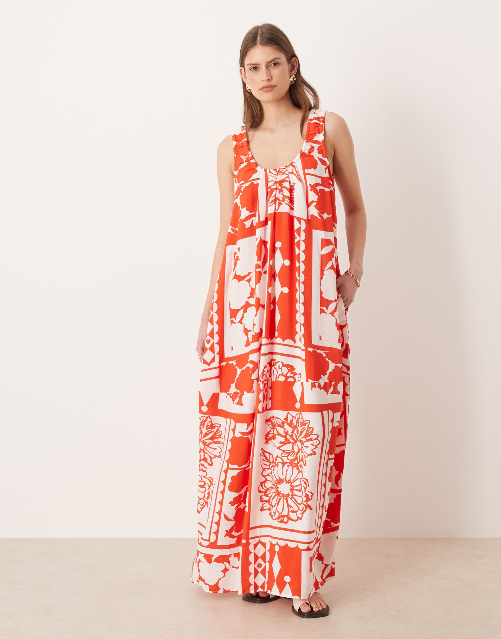 asos design technical fabric scoop ruched neck maxi sundress in red and white patchwork print