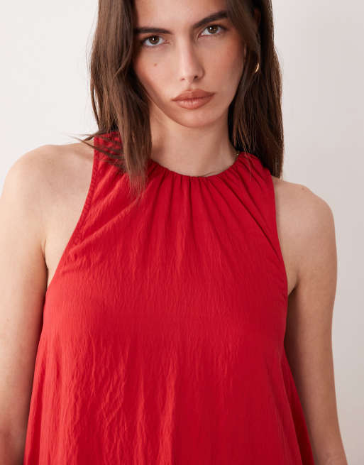 ASOS DESIGN techy fabric asymmetric hem volume mini dress in red, 2 of 4
