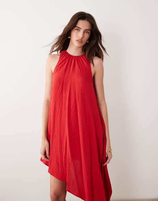 ASOS DESIGN techy fabric asymmetric hem volume mini dress in red, 4 of 4