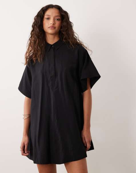 ASOS DESIGN techy fabric relaxed short sleeve mini dress in black - view 1
