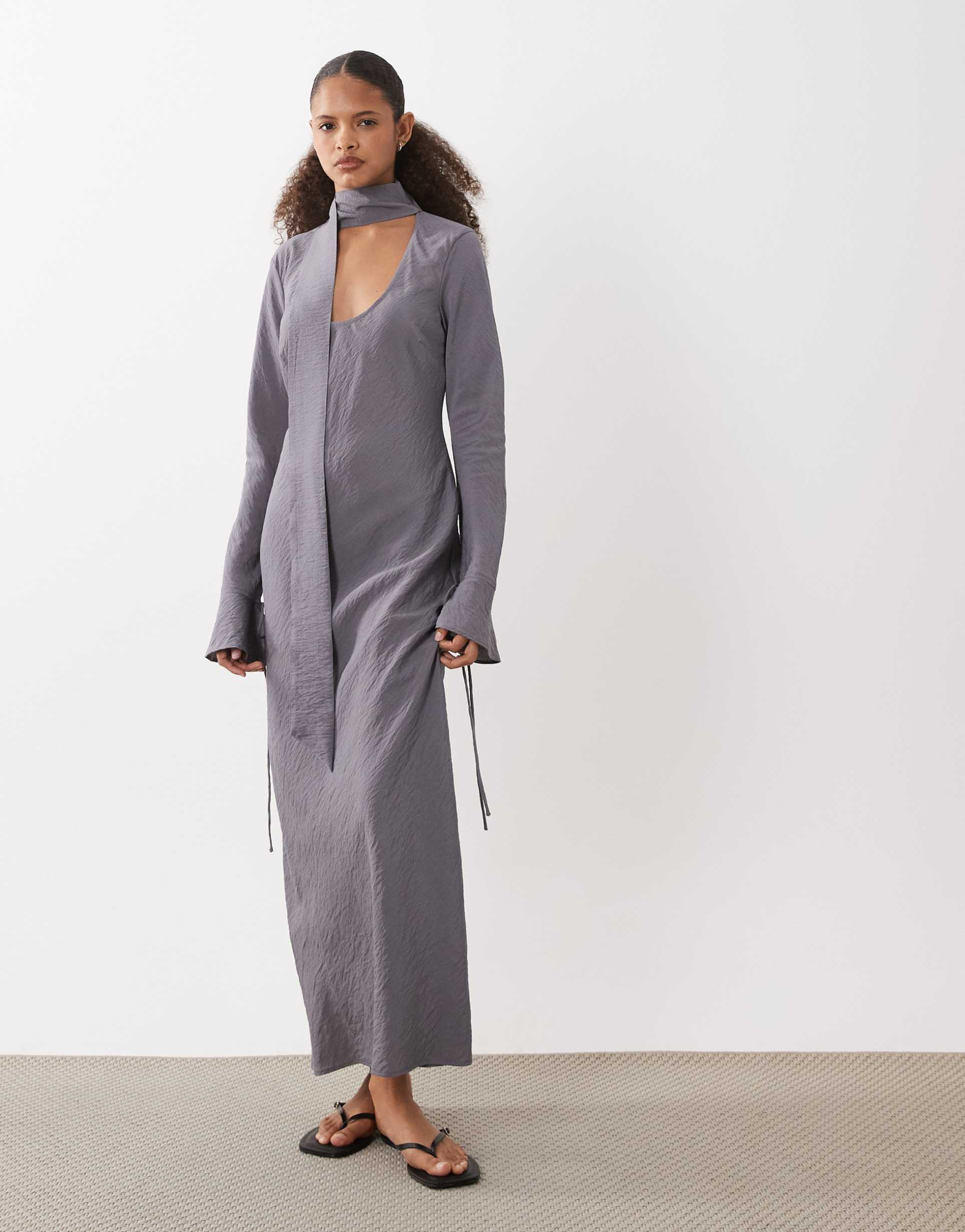 asos design techy fabric scoop neck long sleeve maxi dress with scarf in charcoal