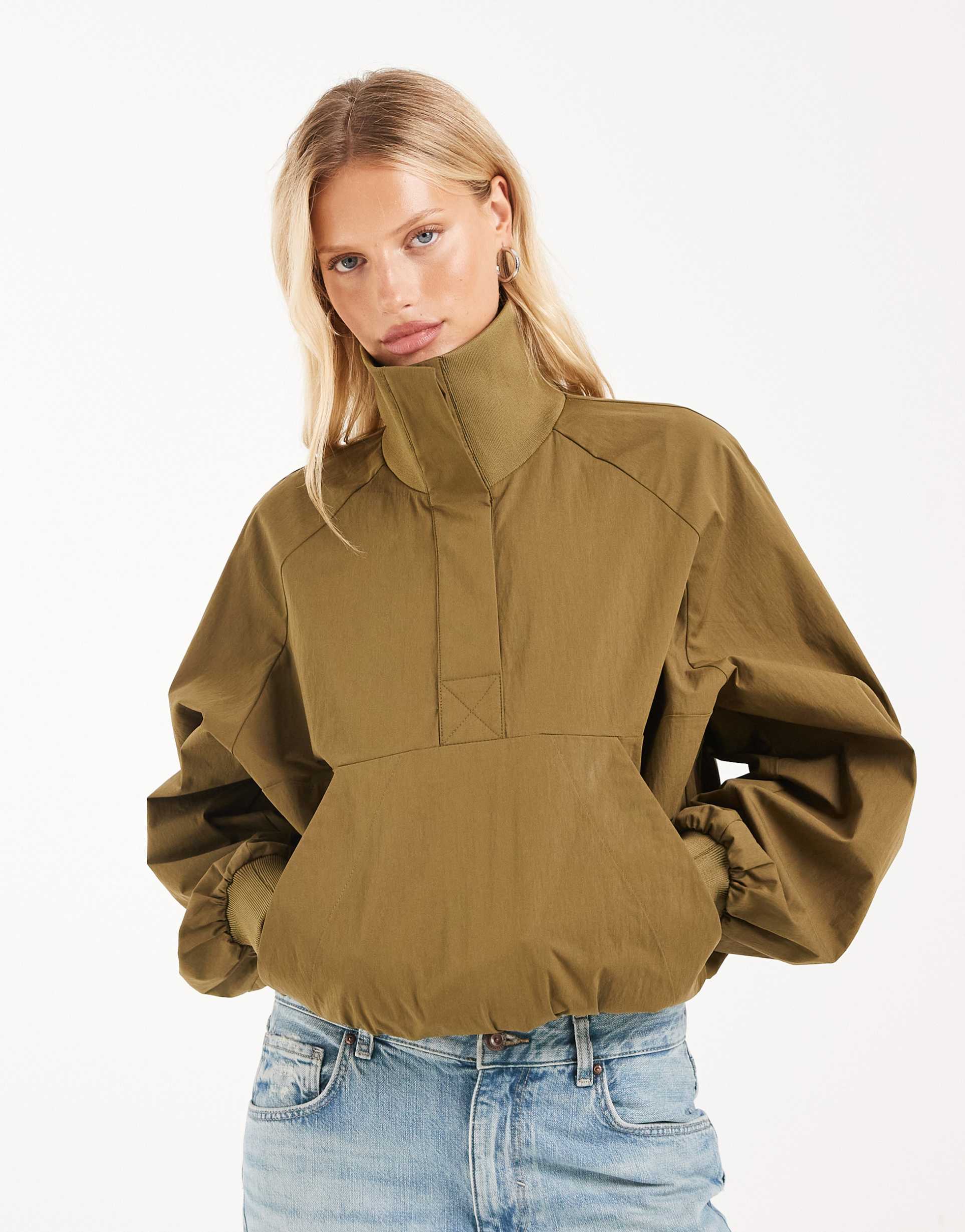 asos design techy funnel neck drawstring hem sports jacket in olive
