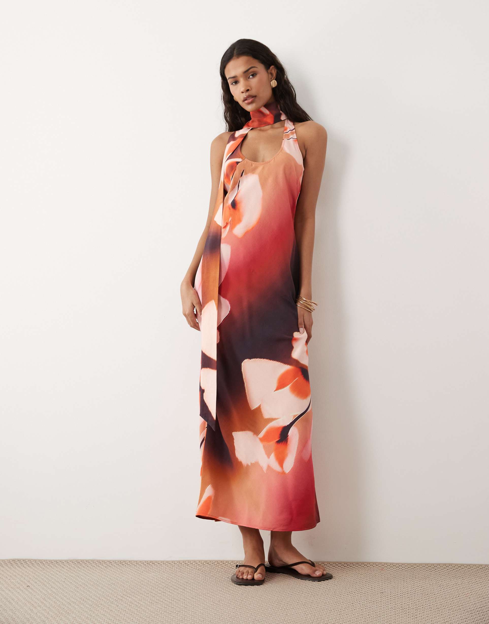 asos design techy scoop neck maxi dress with scarf in pink floral print