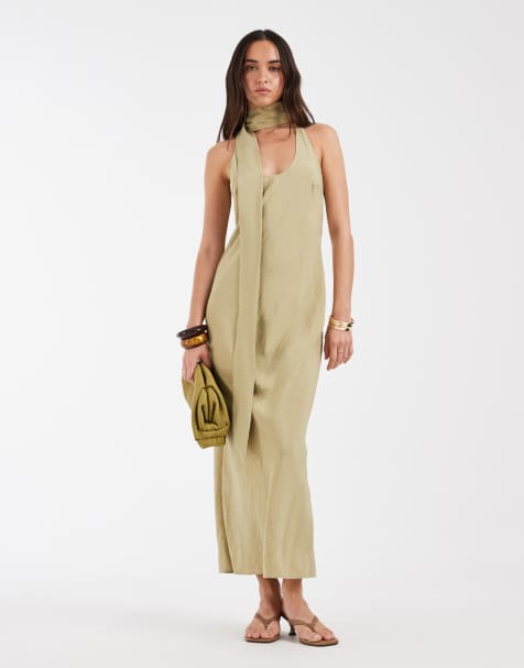 ASOS DESIGN techy scoop neck midi dress with scarf in sage