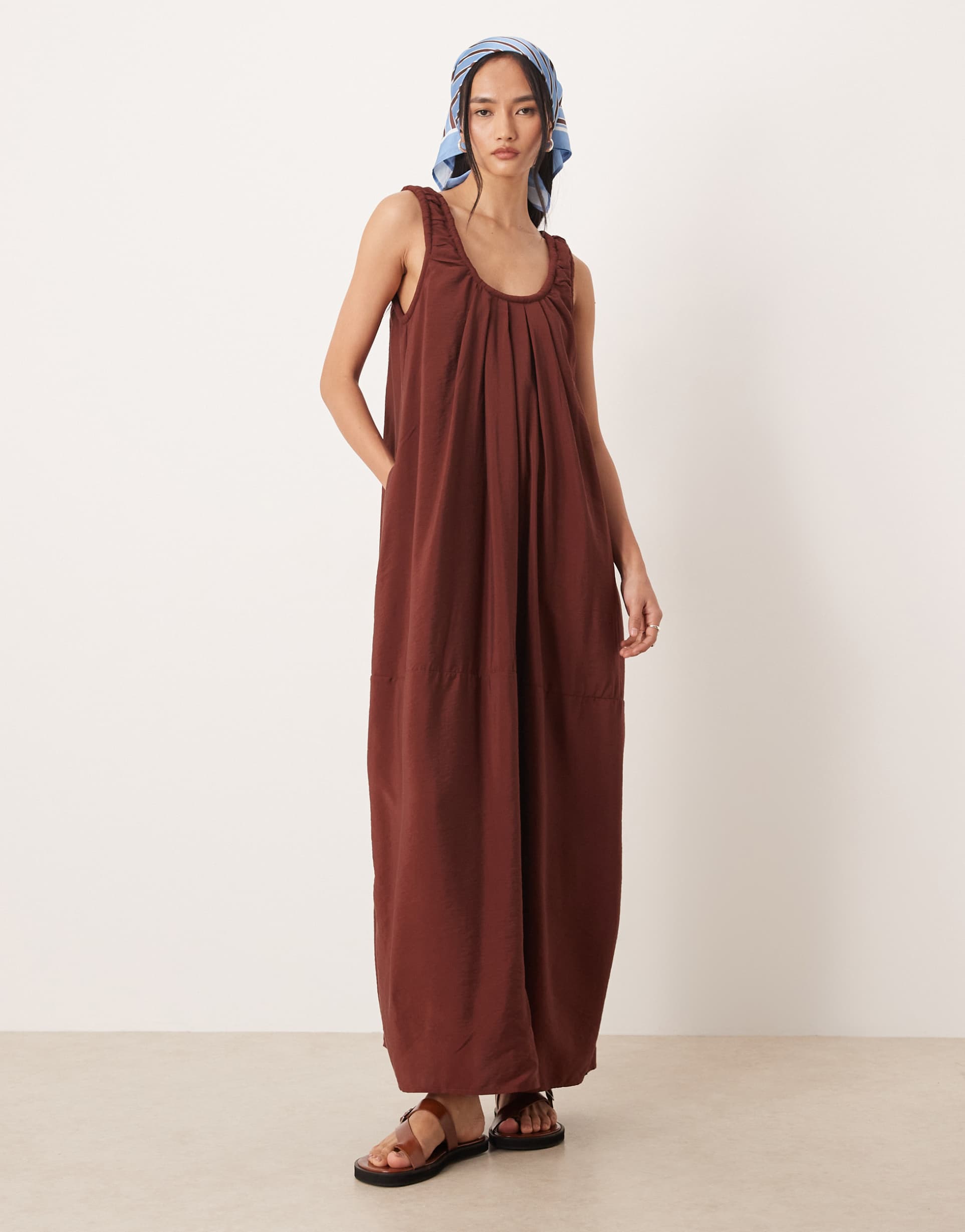asos design techy scoop ruched neck maxi sundress in rust