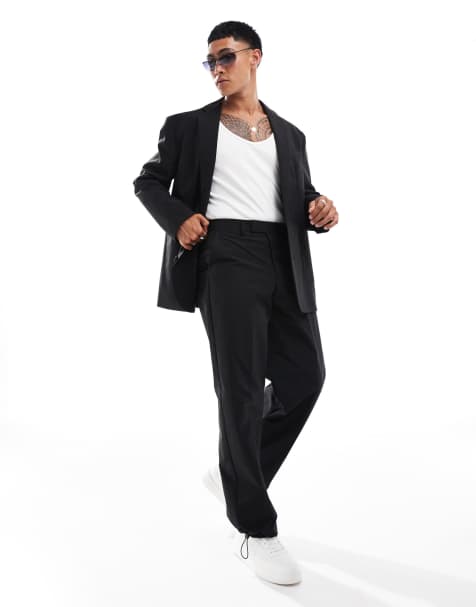 ASOS DESIGN techy wide leg suit pants in black with toggle hem - view 1