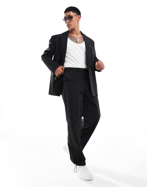 ASOS DESIGN techy wide leg suit pants in black with toggle hem