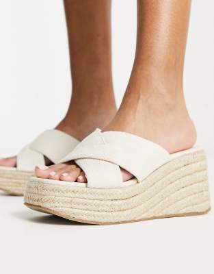 Asos Design Wide Fit Teddy 2 Cross Strap Wedges In Natural Fabrication-neutral In Neutral
