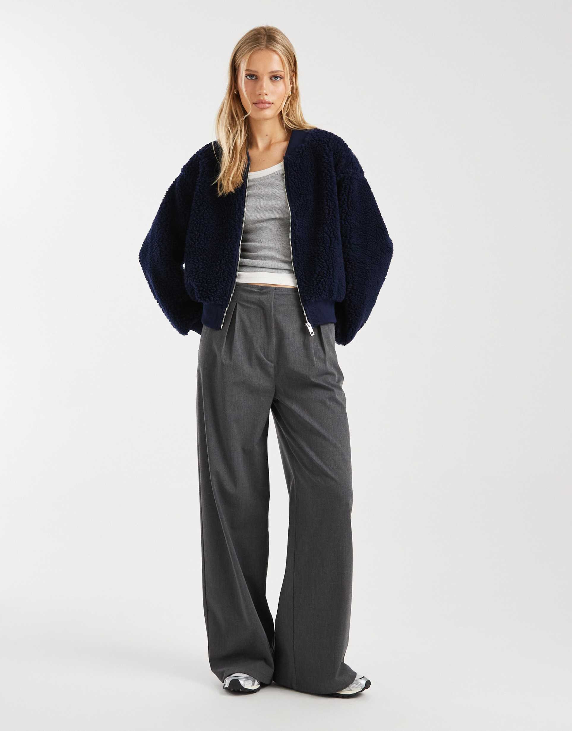 asos design teddy bomber jacket in navy