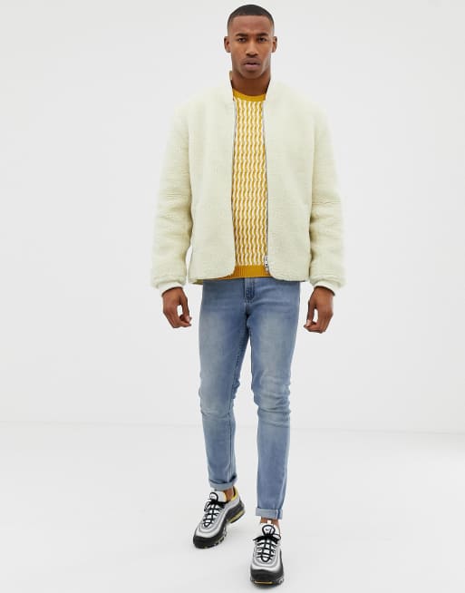 ASOS DESIGN teddy bomber jacket with nylon hood in ecru