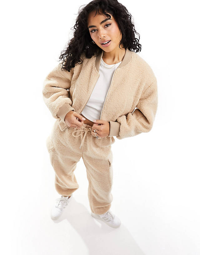ASOS DESIGN - teddy borg bomber jacket in biscuit co-ord