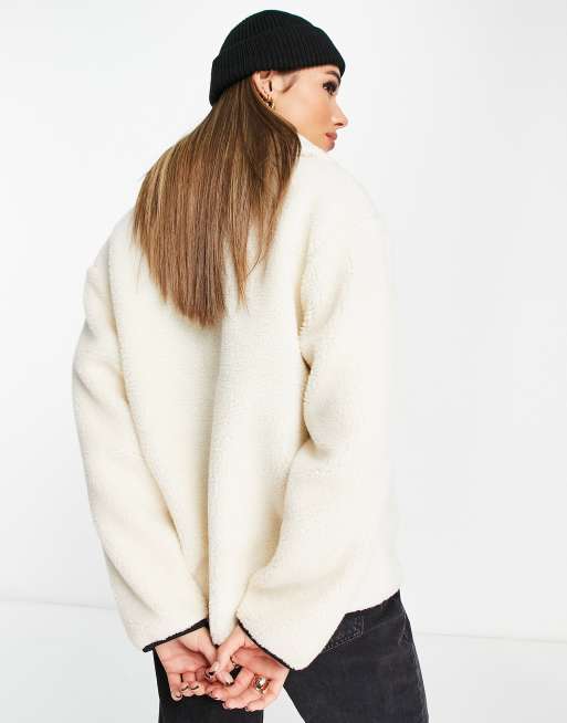 ASOS DESIGN teddy borg half zip fleece with contrast detail in oatmeal, 2 of 4