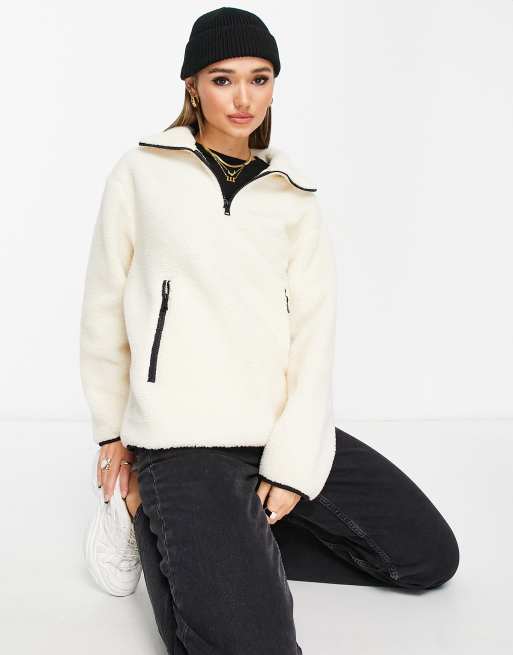 ASOS DESIGN teddy borg half zip fleece with contrast detail in oatmeal, 4 of 4
