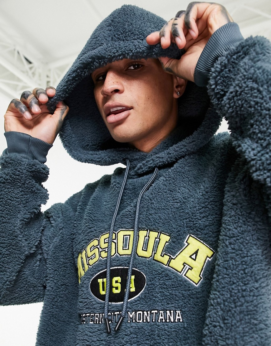 ASOS DESIGN teddy borg oversized hoodie with Missoula embroidery-Grey