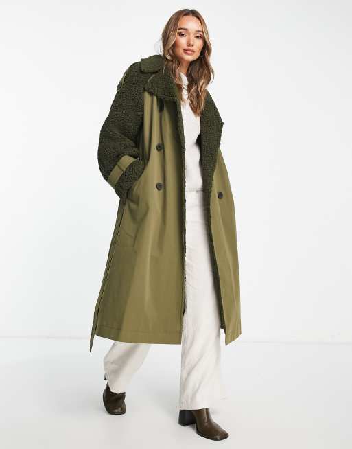 ASOS DESIGN teddy borg spliced trench coat in khaki