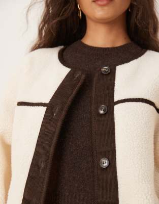 Asos Design Teddy Cardigan With Chocolate Corduroy Trim In White