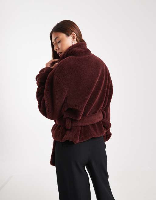 ASOS DESIGN teddy cropped trench coat in burgundy