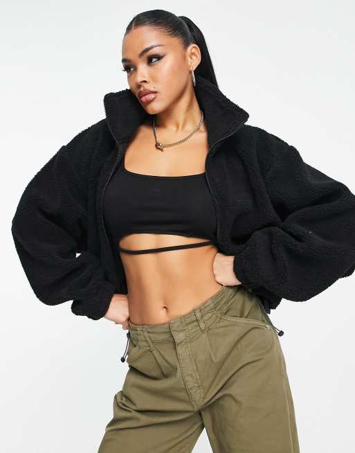 ASOS DESIGN teddy cropped zip up fleece with batwing sleeve in black