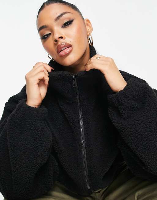 ASOS DESIGN teddy cropped zip up fleece with batwing sleeve in