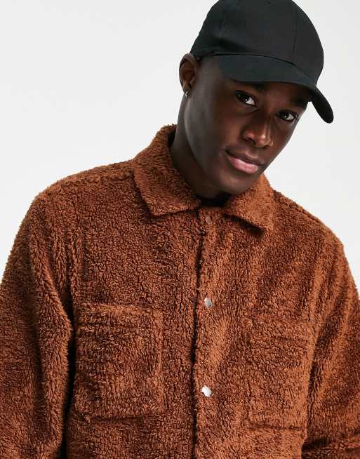 Topman teddy fleece coat in brown