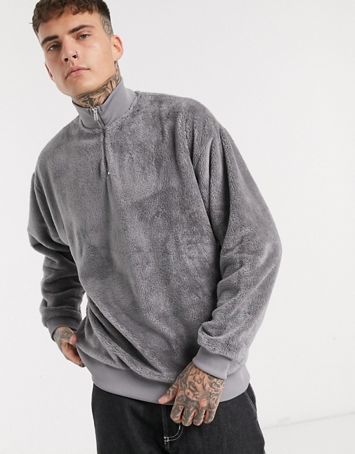 ASOS DESIGN teddy fleece oversized half zip sweatshirt in grey