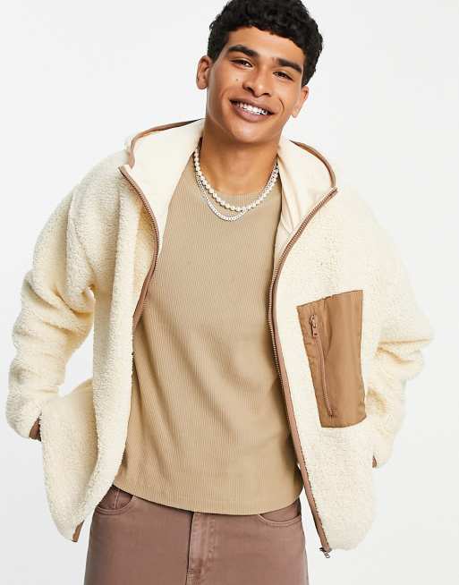 ASOS DESIGN teddy fleece oversized jacket with pocket in beige