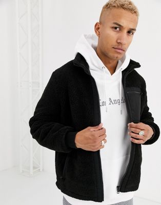 adidas originals fleece lined overhead jacket with arm trefoil print in black