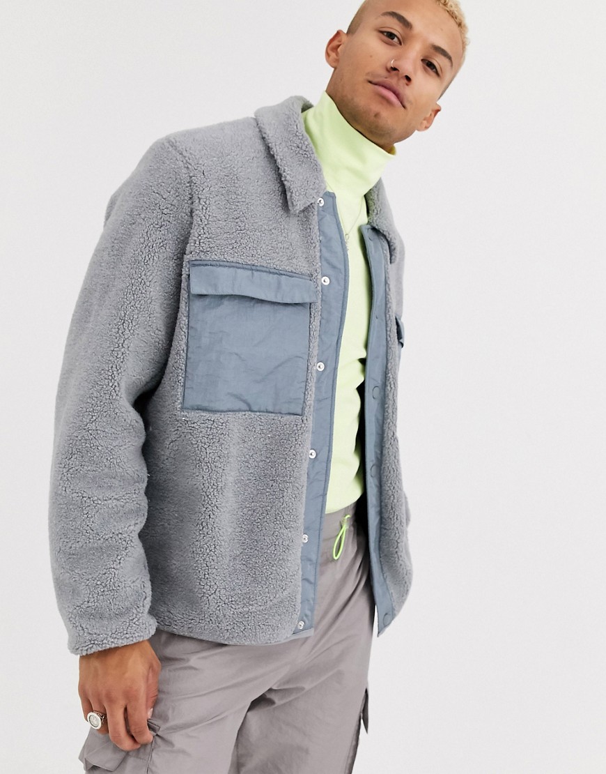 ASOS DESIGN teddy jacket in grey with pocket details