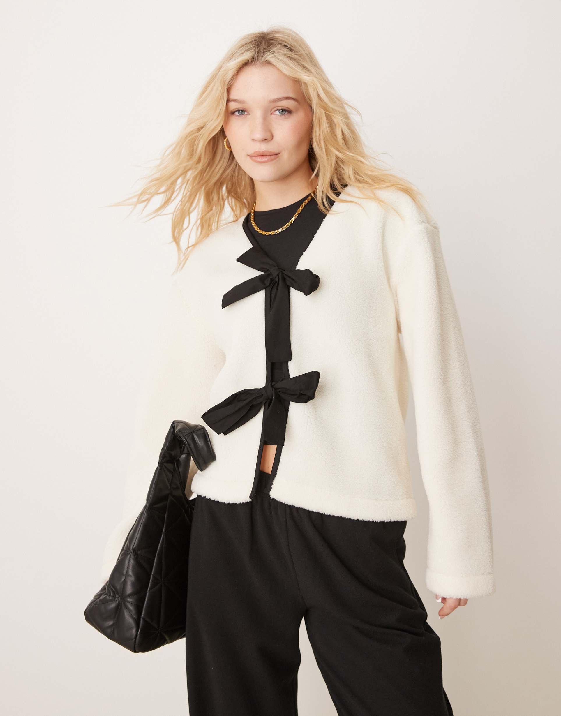 asos design teddy jacket with bow tie details in ecru
