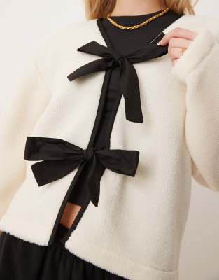 Asos Design Teddy Jacket With Bow Tie Details In White