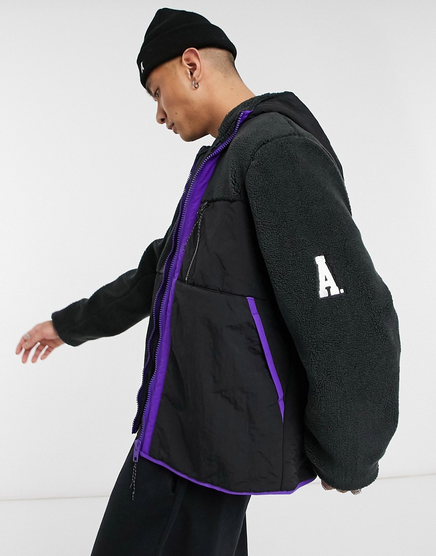 ASOS DESIGN teddy jacket with contrast panel in purple and black