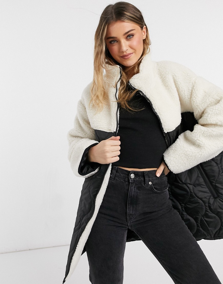 ASOS DESIGN teddy jacket with quilted panelling in mono-Multi