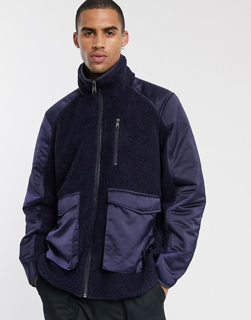 ASOS DESIGN borg jacket with utility pocket detail in blue