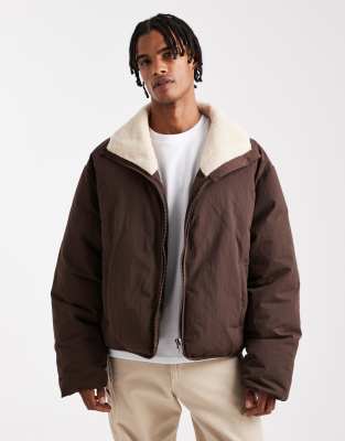 Asos Design Teddy Lined Puffer Jacket In Brown