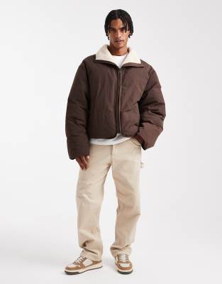 Asos Design Teddy Lined Puffer Jacket In Brown