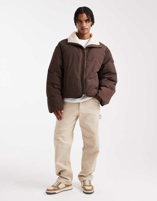 ASOS DESIGN teddy lined puffer jacket in brown, 2 of 5