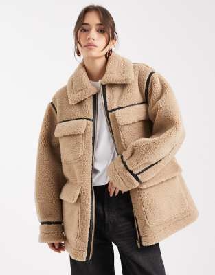 Asos Design Teddy Outer Mid-length Jacket In Brown
