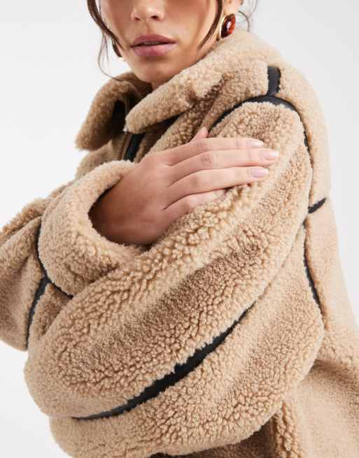 ASOS DESIGN teddy outer mid-length jacket in stone, 3 of 4